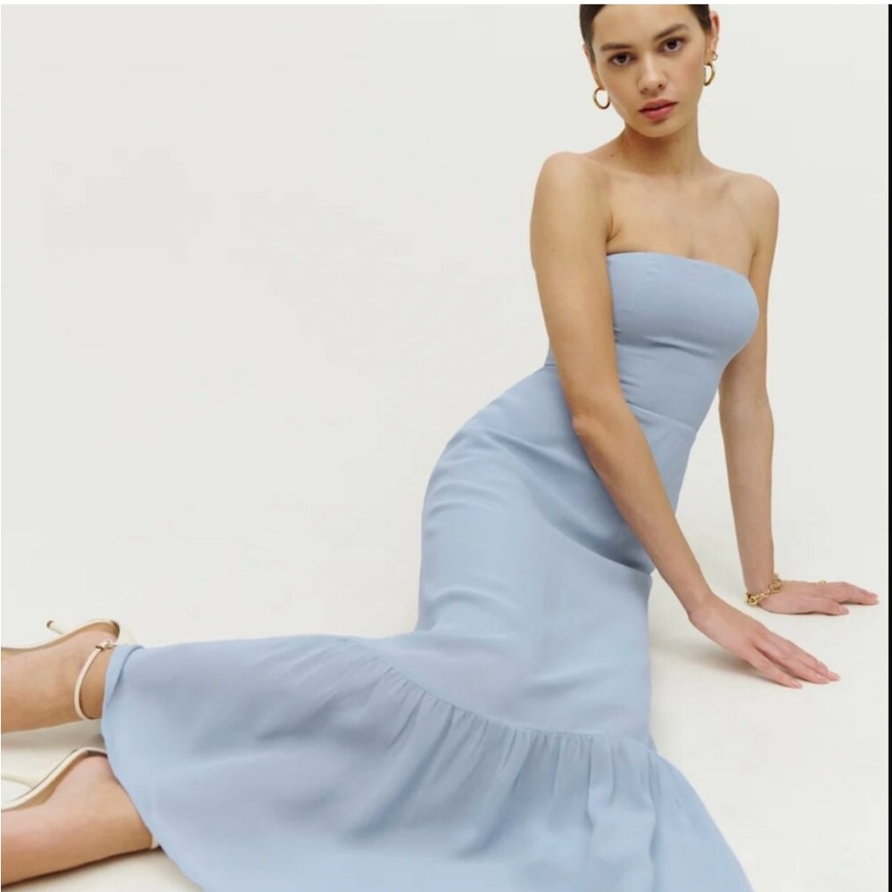 Reformation Arta Strapless Light Blue Dress